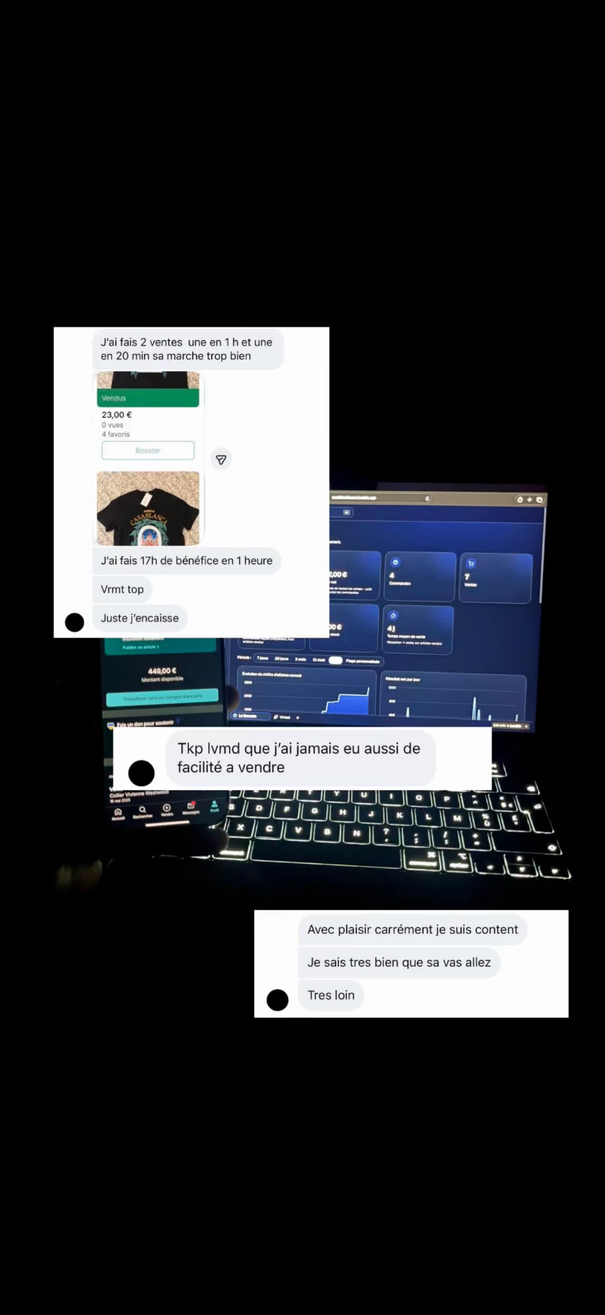 Messages de revendeurs Exon : deux ventes en une heure, bénéfice immédiat, facilité à vendre