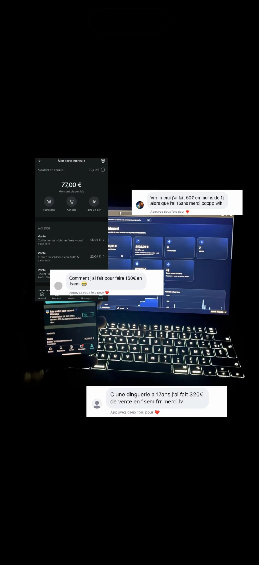 Messages de revendeurs Exon : 60 € en moins d'un jour, 160 € en une semaine, 320 € de ventes en une semaine